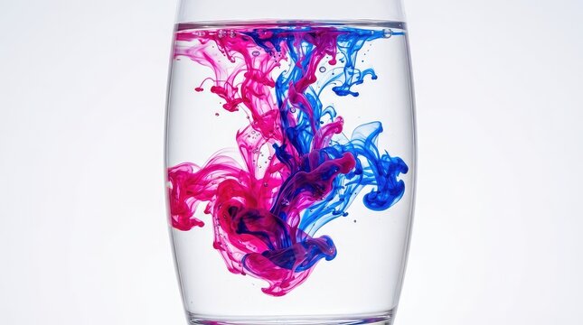 A dynamic blend of vivid pink and blue fluids swirls in intricate patterns, symbolizing fluidity and movement through striking color interplay, smooth, motion, intricate