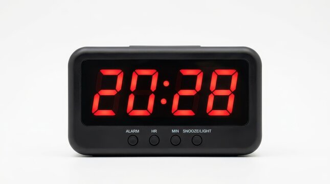 Modern Black Digital Alarm Clock with Red LED Display Showing Time 20:28 Isolated on White Background