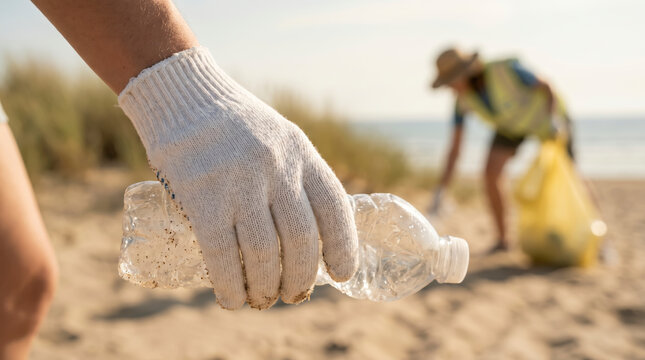 White cotton glove grips discarded clear plastic bottle during sandy coast cleanup action, highlighting active community stewardship beside another blurred volunteer bagging ocean rubbish.