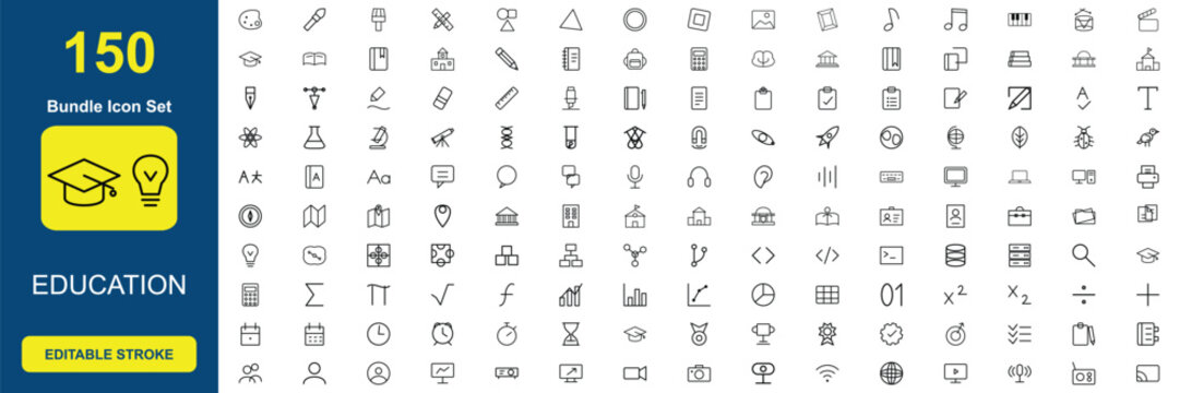 Education icon set featuring school, science, and technology symbols in a clean minimalist line art style for icons and line-art Projects. Editable Stroke icon Sheet.