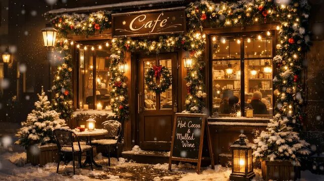 Cozy cafe exterior decorated for christmas with snow falling, warm string lights, outdoor table and wreath, festive storefront evening scene