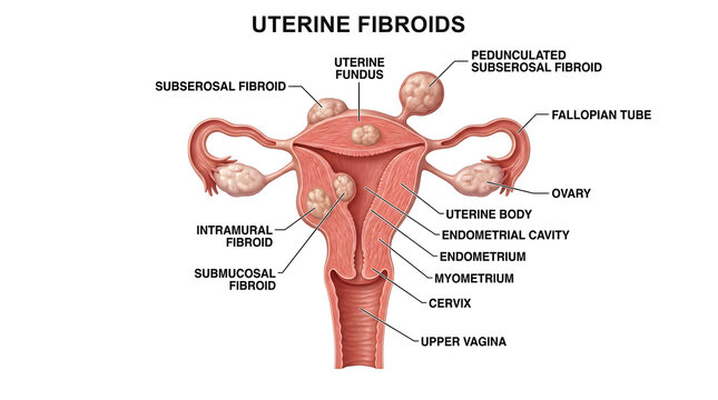 Caption:
3D Medical Illustration Showing Types of Uterine Fibroids (Myomas) with Labels

