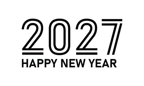 Happy New Year 2027 black multi line outline number design with stripes on white background
