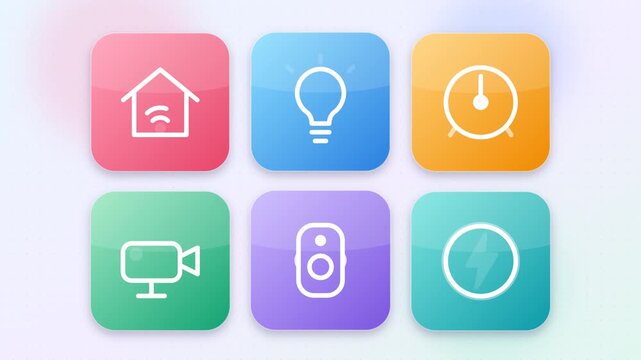 Six original 4K animated smart home and IoT icons in gradient badges, each with its own looping micro-animation. Text-free, seamless loop and transparent background.