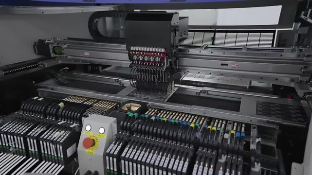 SMT pick and place machine at work. Automatic assembly of electronic components on circuit board
