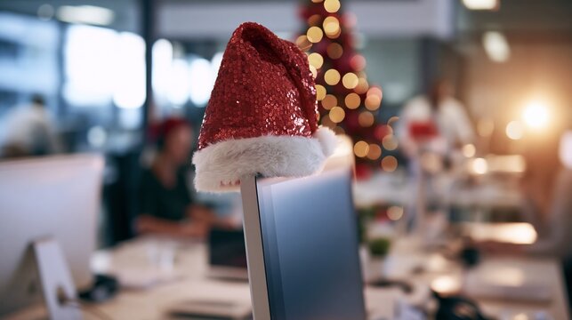 Red sequined Santa hat resting on a computer monitor, adding festive Christmas cheer to a busy office with blurred coworkers and glowing holiday lights