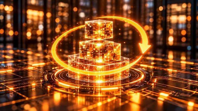 Stacked glowing orange digital cubes surrounded by a circular arrow loop representing continuous data synchronization and processing workflow