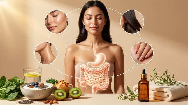 Woman with healthy gut microbiome beauty glow