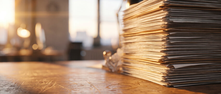 Thick pile of paperwork sits on rustic corporate desk in office interior. Massive paper pile highlights heavy office workload, illuminated by soft golden hour glow from adjacent bright window.