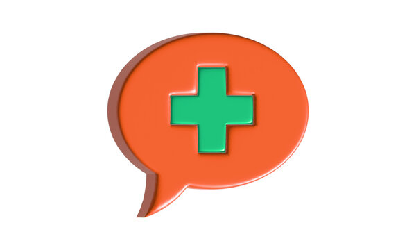 Orange speech bubble with green plus symbol isolated on a transparent background