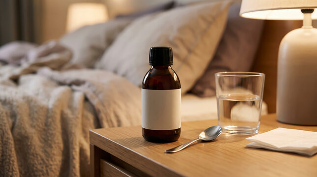 Liquid medicine bottle stands near water tumbler and metal spoon on nightstand, reflecting bedside healthcare routine beside warm table lamp illumination next to comfortable resting pillows.