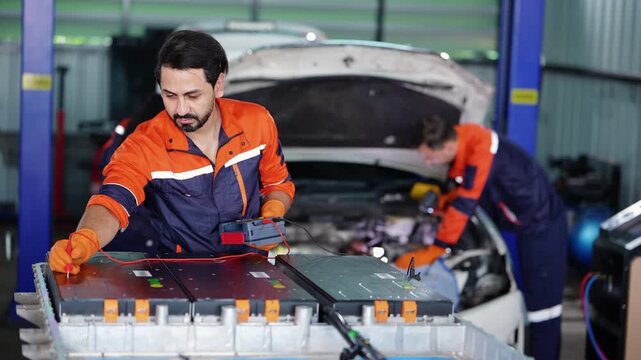 Bearded EV technician keeps probing battery cells and then lifts the multimeter to read the result, as a coworker under the raised hood of a white car works on in the background
