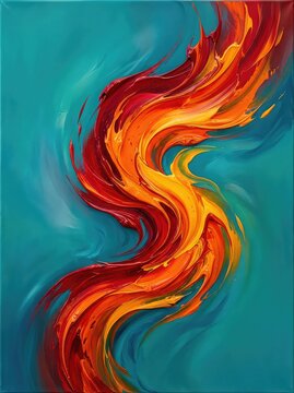 Abstract painting features bold swirls of crimson, flame orange, and saffron blending into a cool, contrasting turquoise and teal background, turquoise, flow, non-objective