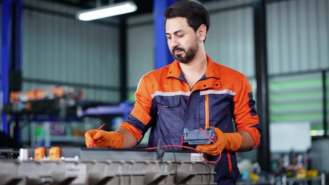A bearded technician probing the high-voltage connectors of an EV battery pack on a steel stand with a multimeter, overhead lights and a blue two-post lift behind him