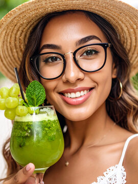 A smiling woman wearing glasses and a straw hat holds up a glass of green juice garnished with grapes and mint.