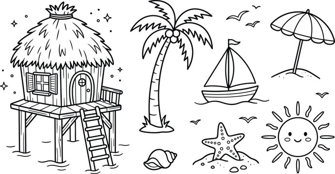 A professional set of sketch summer illustrations showcasing a tropical stilt bungalow palm tree sailboat and beach elements