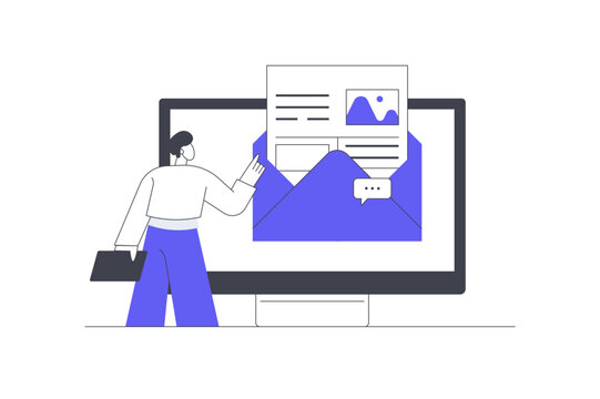 Newsletter Content Email Marketing and Digital Campaign Distribution. Male Specialist Pointing at Computer Screen Displaying Open Envelope Mail and Article Layout. Flat Cartoon Vector Illustration