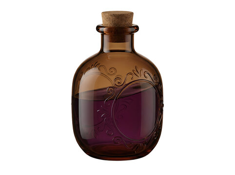 Vintage amber glass bottle with cork stopper and purple liquid isolated on transparent background