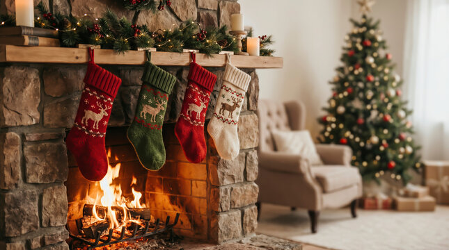 Christmas stockings hang above glowing fireplace in rustic stone hearth, creating warm holiday atmosphere beside decorated evergreen tree and comfortable armchair in cozy living room interior.