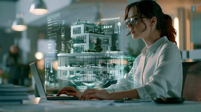 Female engineer analyzing AI-powered smart building