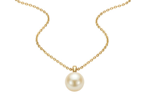 Golden chain necklace with a single pearl pendant isolated on transparent background
