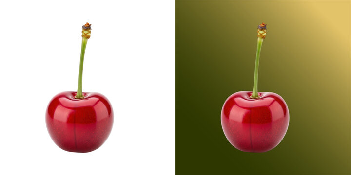A single ripe red cherry with a long green stem, isolated on a white background, for food culinary, concepts, and healthy eating