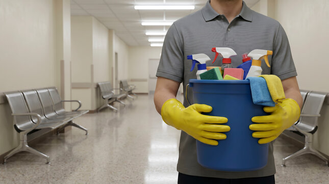 Janitor carries blue bucket filled with spray bottles and sponges along hospital corridor. Professional cleaner supports commercial cleaning service standards with diligent sanitation routine.