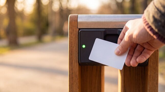 Hand scanning blank contactless smart card on outdoor electronic access reader at sunset, generative AI