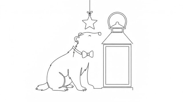 Continuous line of a cute badger with bow tie and lantern, minimalist holiday animation, hand-drawn style for christmas and winter