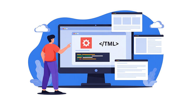 A web developer interacting with computer screens showing coding and configuration settings in a flat vector illustration style for digital technology concept