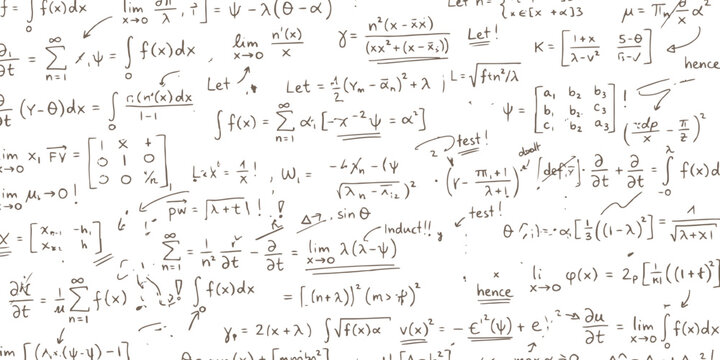 Hand drawn complex mathematical equations and physics formulas on whiteboard educational background vector illustration.