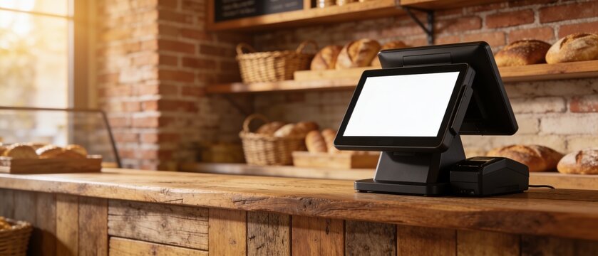 Modern POS system on rustic bakery counter with bread display and warm lighting