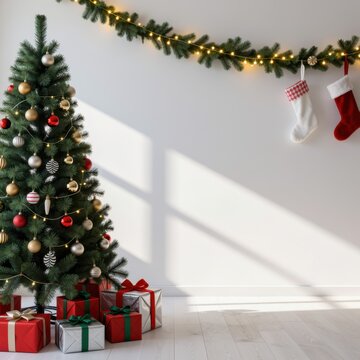 christmas tree with ornaments, gifts and stockings on white wall