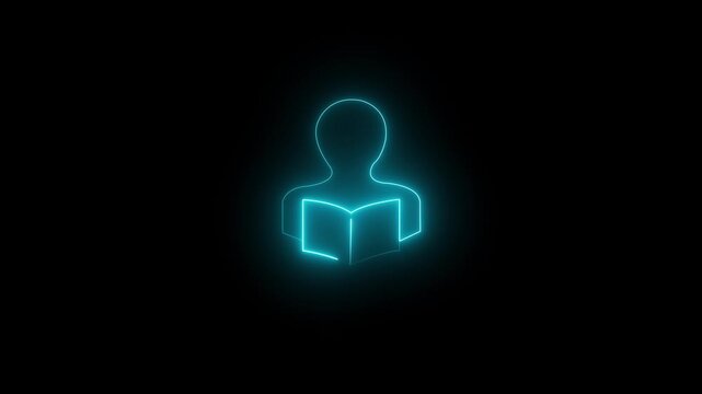 Glowing Reading Person Icon Silhouette Holding Open Book Dark Background Education Learning Study Library Knowledge Digital Art Design Neon Light Student Reader