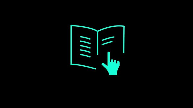 Open Book Hand Pointer Icon Reading Guide Manual Instruction Tutorial Education Learning Study Knowledge Library Teal Line Art Dark Background Animation Loop Video