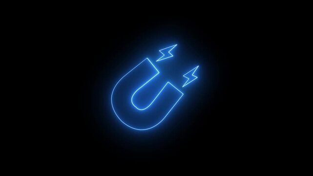 Glowing Neon Horseshoe Magnet Icon Magnetic Force Attraction Electric Sparks Physics Energy Field Science Animation Loop Video Motion