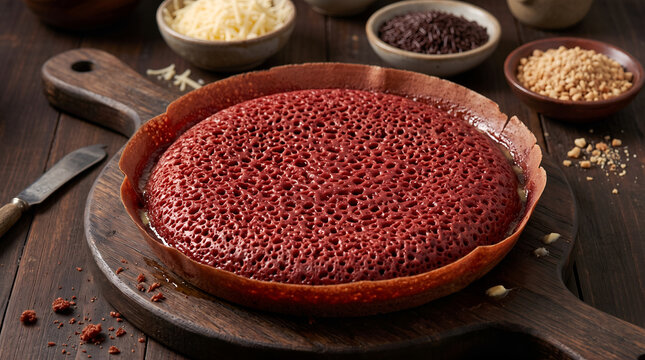red velvet martabak manis with no topping. topping variant for martabak manis cheese, chocolate sprinkles and peanuts toppings on wooden board. traditional indonesian street food dessert