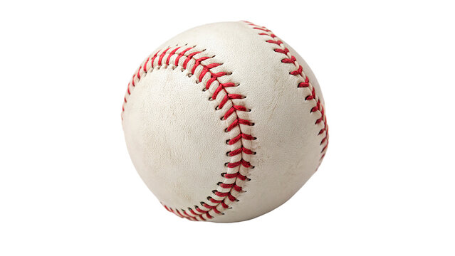 Classic white leather baseball ball with traditional detailed red stitched seams isolated on transparent background.