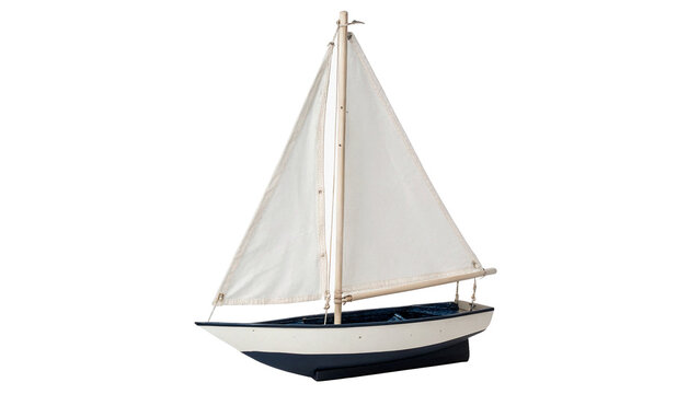 Small white toy sailboat model yacht wooden decorative home nautical element isolated on transparent background.