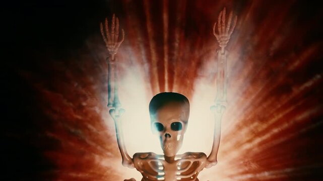 Spooky Skeleton Backlit By Glowing Light Rays And Smoke