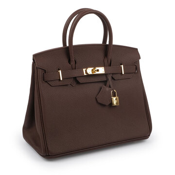 Elegant dark brown structured womens handbag with textured leather, double top handles, gold tone hardware and decorative padlock shown in a three quarter front view on white.