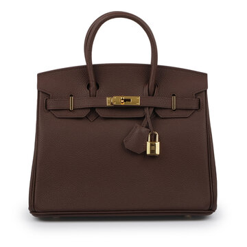 Front view of a dark brown structured womens handbag with textured leather, double handles, gold tone turn lock and decorative padlock isolated on a white background.