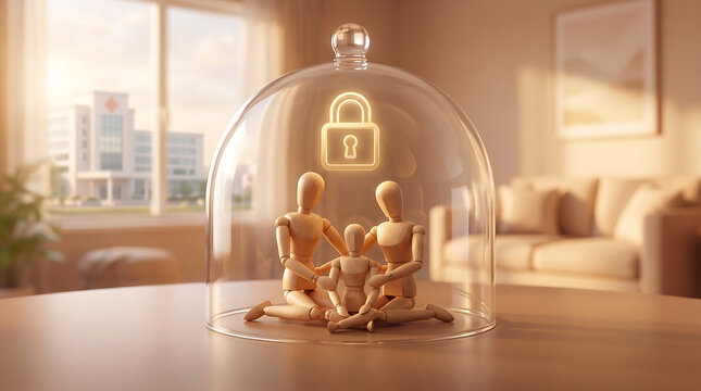 Wooden family figures under glass dome with lock symbol on wooden table in cozy living room
