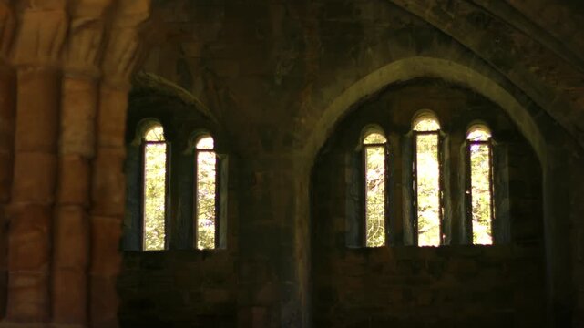Kirkstall Abbey Church ruins arch windows in Leeds Yorkshire