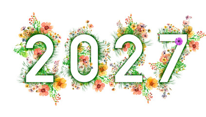 Pastelowe kwiaty polne i zielona trawa układające się w napis rok 2027 na przezroczystym tle © Blue Pixel