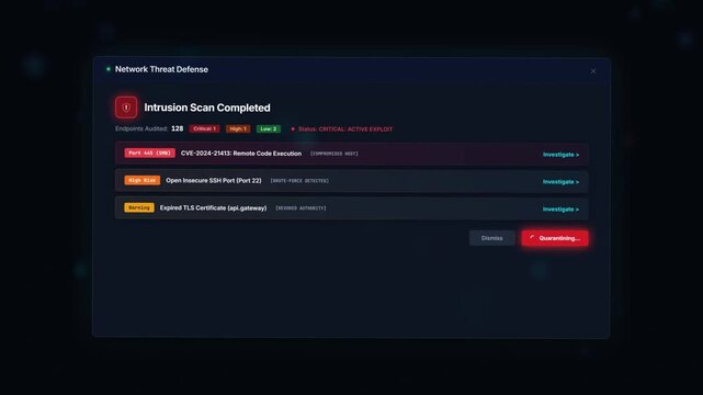 Cybersecurity Threat Detection Dashboard UI Animation, SOC Intrusion Scan and Active Network Breach Alert Screen