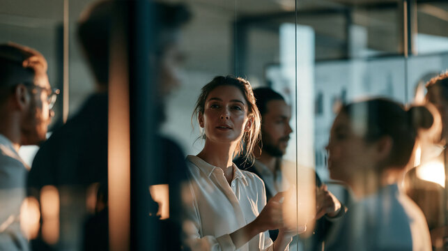Team in modern meeting room viewed through glass wall
