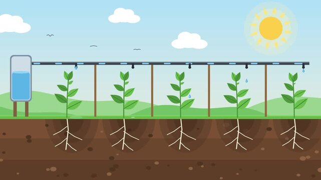 Drip irrigation system watering crop plants, water saving agriculture animation