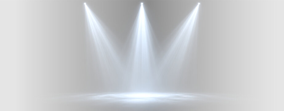 Blue spotlight PNG overlay with three luminous stage light beams and floor glow, on transparent background