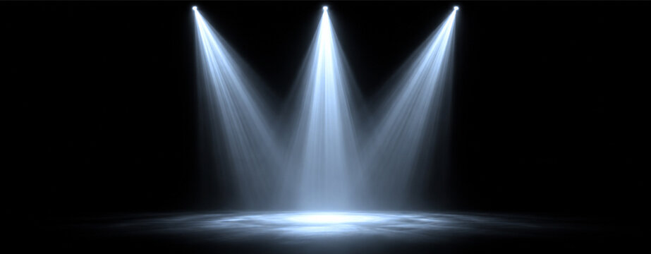 Blue luminous spotlight PNG overlay with three radiant stage beams and soft floor illumination